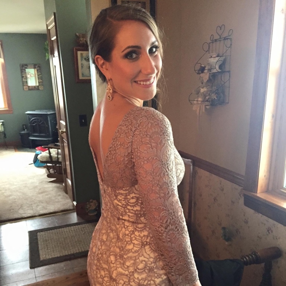 Belsoie Dress- cream underlay w/ taupe/purple lace